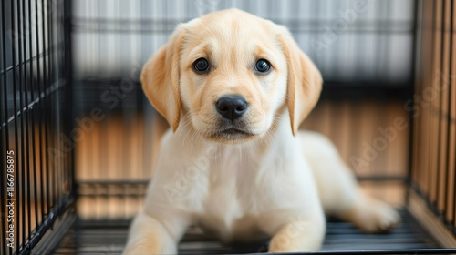 Labrador puppy looking curiously out from a small cage with a soft expression and bright eyes in a cozy indoor setting photo