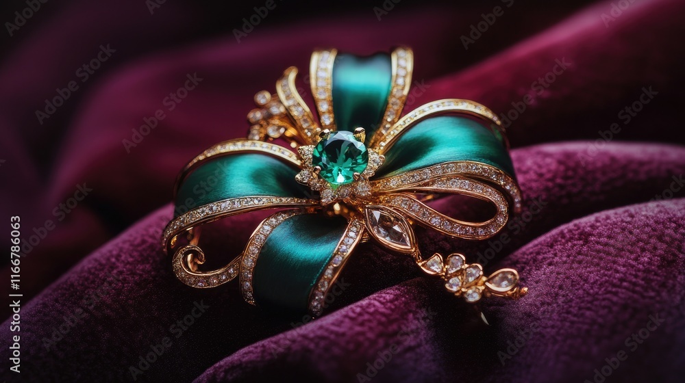 Obraz premium Elegant Green Brooch with Ribbon and Gemstone on Velvet Background