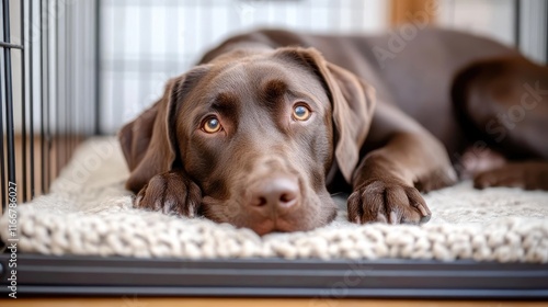 Fototapeta Naklejka Na Ścianę i Meble -  Sad chocolate Labrador resting in a cage looking forlorn illustrating themes of rescue and animal welfare.