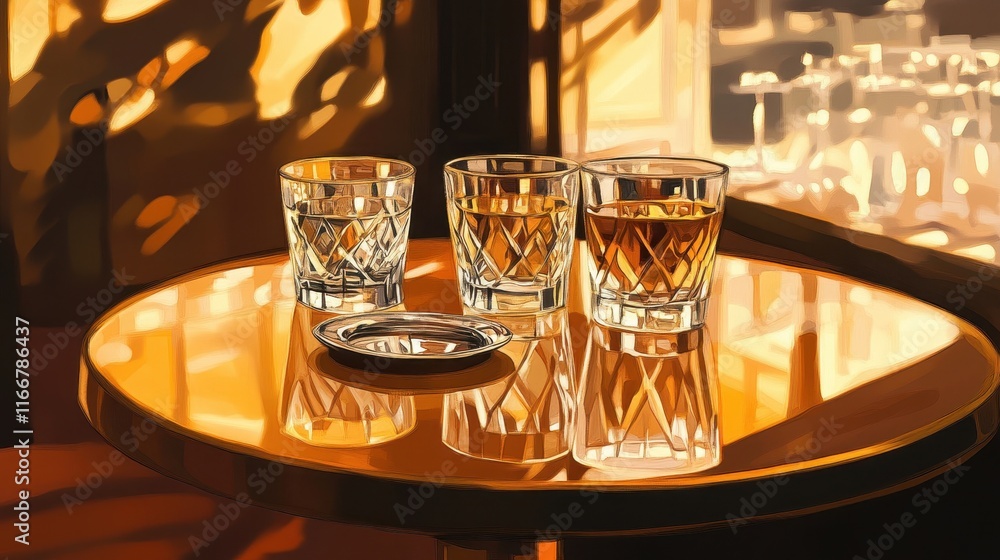 Small round table in a 1920s jazz club decorated with crystal glasses and ashtrays Small round table in a 1920s jazz club decorated with crystal glasses and ashtrays