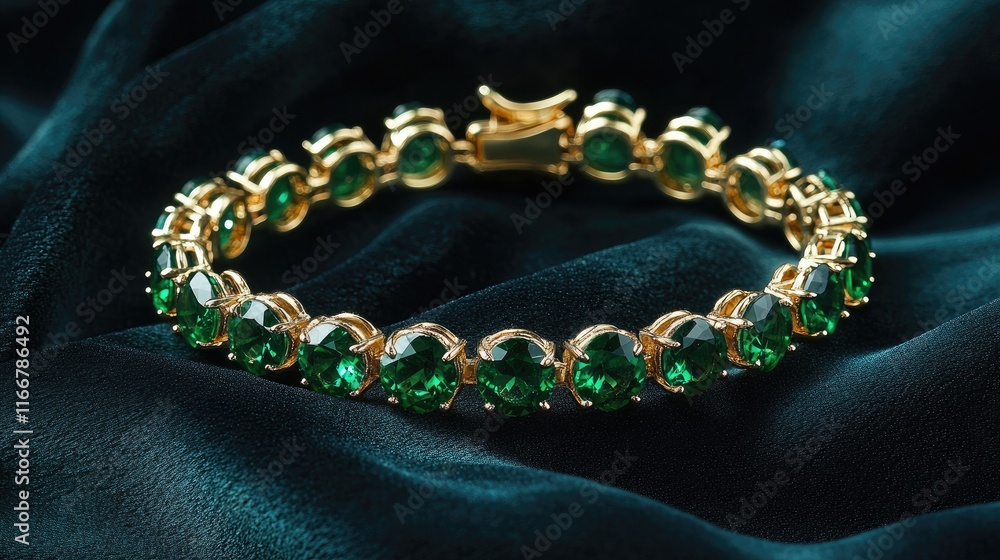 Fototapeta premium Elegant Gold Bracelet with Green Gemstones on Soft Black Fabric