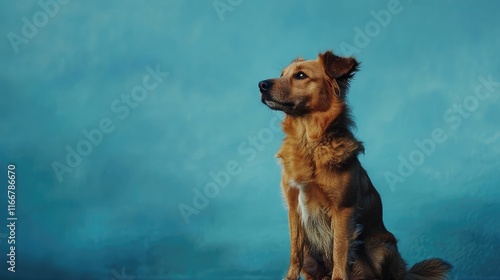 Golden retriever mix sitting gracefully against a vibrant blue backdrop showcasing serenity and loyalty in a charming portrait. photo