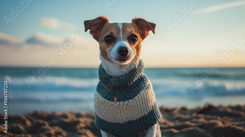 Dog wearing a cozy sweater on a sandy beach during sunset enjoying the coastal scenery with waves in the background. photo