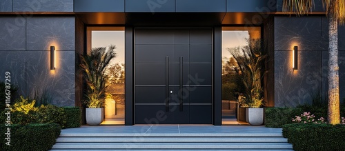 Modern double entrance metal doors featuring a sleek design and elegant finish perfect for enhancing residential or commercial spaces. photo