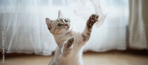 Playful domestic cat engaging with crinkled plastic bag in a vibrant indoor environment capturing lively feline energy and curiosity photo