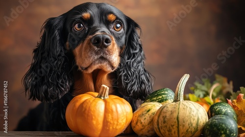 Spaniel dog posing with pumpkins and garden vegetables in a studio setting showcasing trained pet photography and autumn themes photo