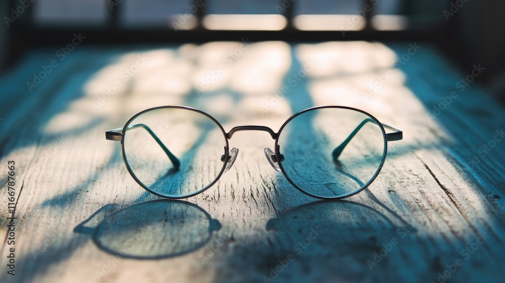 Stylish Round Glasses on Wooden Surface with Dramatic Shadow Play Stylish Round Glasses on Wooden Surface with Dramatic Shadow Play