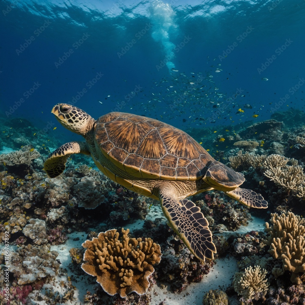 Obraz premium Snap a turtle navigating coral reefs.