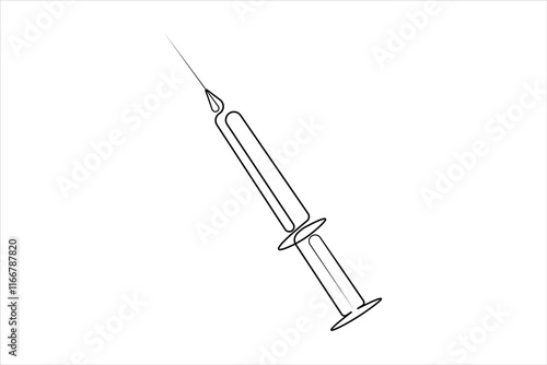 Syringes for injections continuous one line art drawing of vaccination, health care injection, blood sampling for laboratory analysis. Medical concept