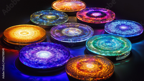 Chakras represented as vibrant, spinning discs, each projecting complex holographic patterns onto the surrounding space photo