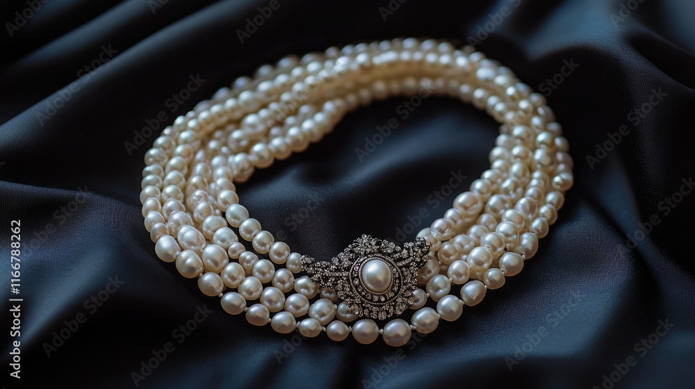 Fototapeta premium Elegant Pearl Necklace with Vintage Brooch on Black Fabric