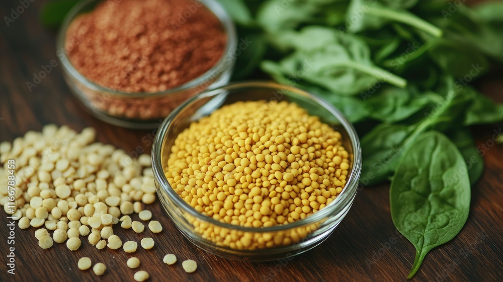 Roasted dal dish with fresh spinach and main ingredients displayed in glass bowls on wooden surface for culinary presentation Roasted dal dish with fresh spinach and main ingredients displayed in glass bowls on wooden surface for culinary presentation