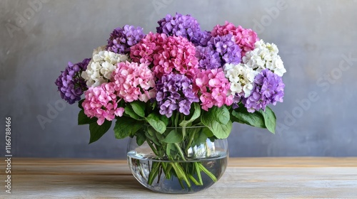 Wallpaper Mural Vibrant Bouvardia flowers in purple, pink, and white hues arranged in a glass vase on a wooden table with a neutral background for text space Torontodigital.ca