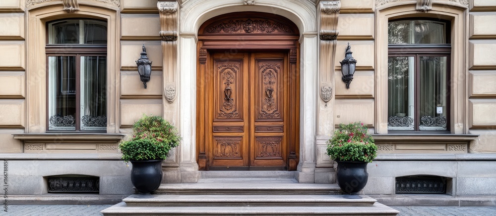 Fototapeta premium Elegant wooden entrance door with intricate carvings framed by lush plants and stylish lamps enhancing a sophisticated entryway design