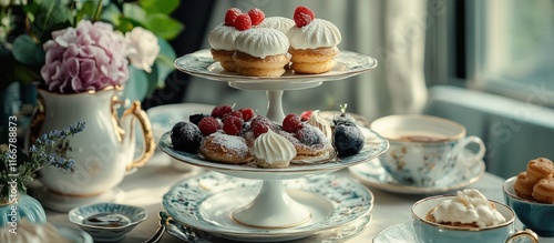 Wallpaper Mural Delicate table setting with fine china and fresh pastries ideal for a stylish afternoon coffee gathering Torontodigital.ca