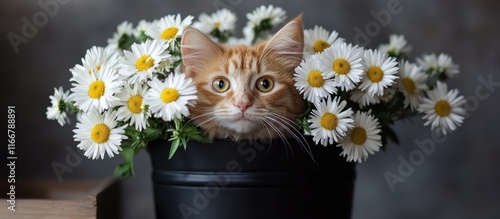 Curious ginger cat peeking from a vibrant bouquet of white daisies in a stylish black pot ideal for autumn decor and pet lovers photo