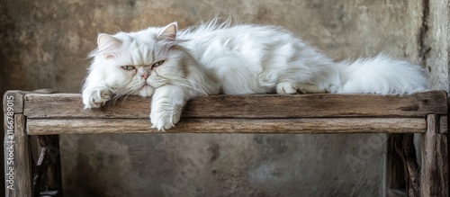 Elegant white Persian cat relaxing on rustic wooden bed ideal for pet lovers and enhancing home decor atmosphere photo