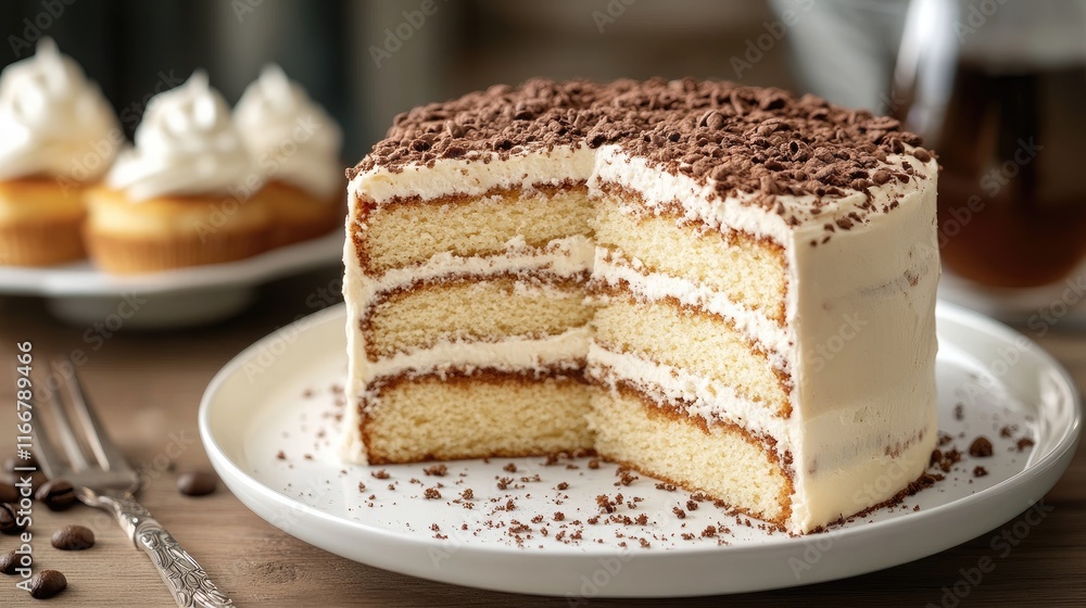 Delicious Italian Coffee Cake with Cream Frosting and Chocolate Shavings Served on a Plate in a Cozy Cafe Setting Delicious Italian Coffee Cake with Cream Frosting and Chocolate Shavings Served on a Plate in a Cozy Cafe Setting