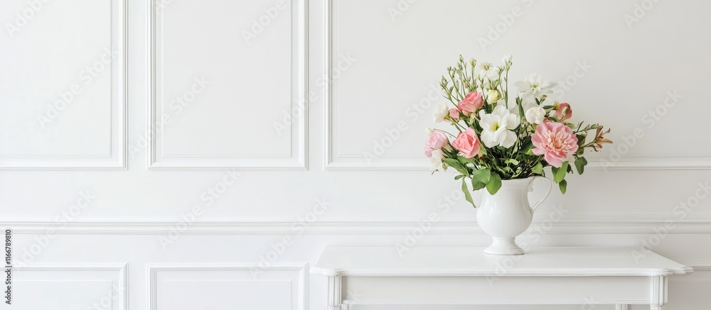 Elegant white table with a fresh bouquet of vibrant spring flowers against a pristine white wall creating a serene interior aesthetic Elegant white table with a fresh bouquet of vibrant spring flowers against a pristine white wall creating a serene interior aesthetic