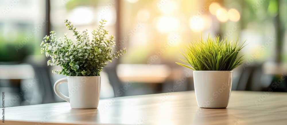 Elegant tabletop arrangement with potted plants in modern interior bathed in warm sunlight showcasing contemporary decor and design Elegant tabletop arrangement with potted plants in modern interior bathed in warm sunlight showcasing contemporary decor and design