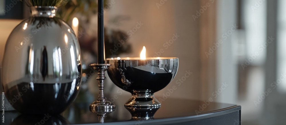 Sophisticated black candlestick on polished silver holder enhancing elegant home decor ambiance Sophisticated black candlestick on polished silver holder enhancing elegant home decor ambiance
