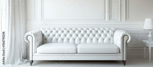 Elegant white leather tufted sofa in vintage classic interior design setting for sophisticated home decor inspiration photo