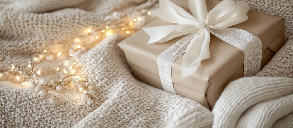 Elegant brown recycled gift box adorned with white ribbons and glowing lights on a soft beige blanket for festive occasions Elegant brown recycled gift box adorned with white ribbons and glowing lights on a soft beige blanket for festive occasions