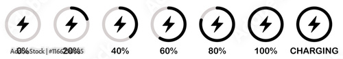Battery charge indicator icon set in black color. Phone charge showing percentage level_0%, 20%, 40%, 60%, 80% and 100%. Discharged and fully charged battery level from 0 to 100 percent. 