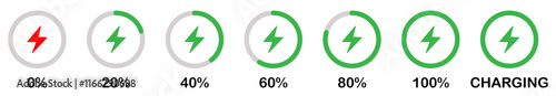Battery charge indicator icon set in red, green and grey color. Phone charge showing percentage level_0%, 20%, 40%, 60%, 80%, and 100%. Discharged and fully charged battery level from 0 to 100 percent