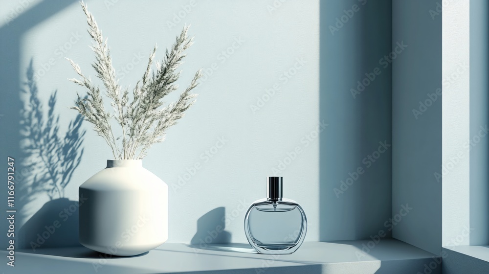 custom made wallpaper toronto digitalMinimalist Still Life Composition with Perfume Bottle and Vase in Soft Light