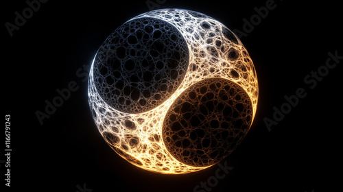 A glowing yin and yang symbol floating in space, its black and white halves made of intricate, interwoven fractal patterns photo