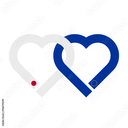 heart shaped ribbon of japan and european union flags intertwined. vector illustration isolated on white background