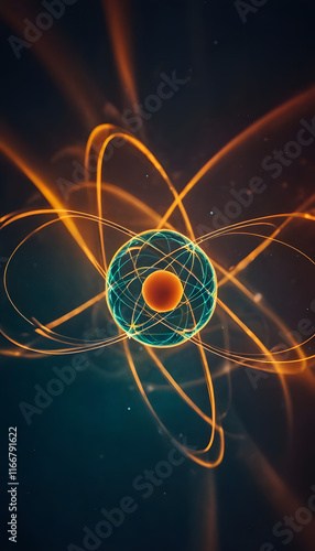 Atom model on black background with orbiting electrons photo