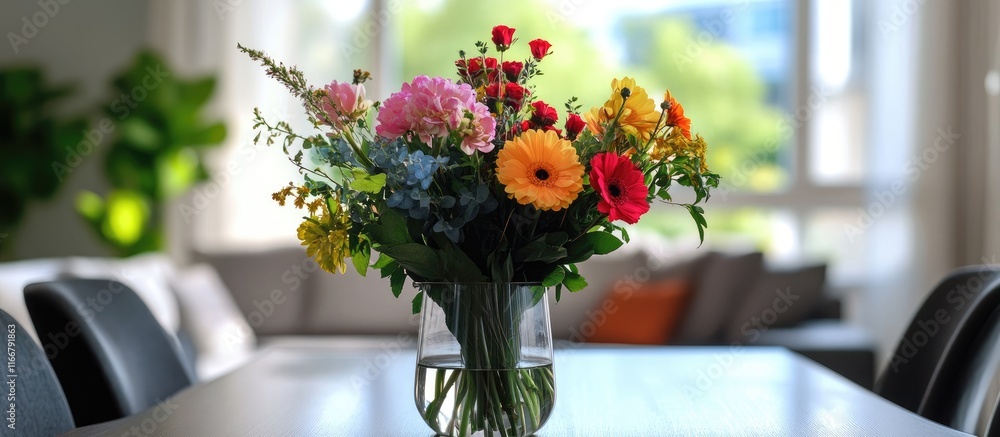 Vibrant bouquet in elegant vase on modern table showcasing stylish interior home decor and floral inspiration Vibrant bouquet in elegant vase on modern table showcasing stylish interior home decor and floral inspiration