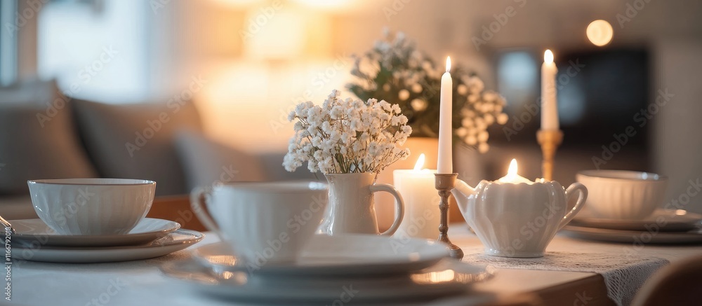 Elegant dinner table setting with fine china candles and fresh flowers in a cozy living room atmosphere Elegant dinner table setting with fine china candles and fresh flowers in a cozy living room atmosphere