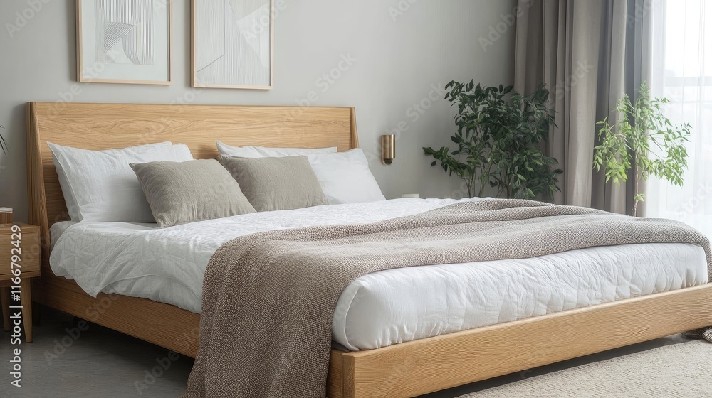 Empty Wooden Frame Above Cozy Bed in Minimalist Modern Bedroom Interior Design with Natural Light and Warm Tones Empty Wooden Frame Above Cozy Bed in Minimalist Modern Bedroom Interior Design with Natural Light and Warm Tones