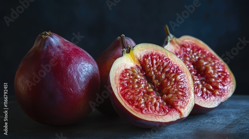 Fichidindia fruits showcasing vibrant red skin and juicy inner flesh on a dark background with a focus on freshness and natural beauty photo