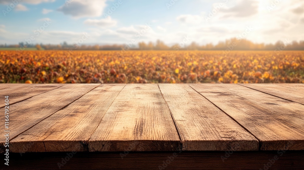 Rustic Wooden Table in Front of Expansive Autumn Pumpkin Field Landscape with Warm Sunlight and Vibrant Fall Colors Rustic Wooden Table in Front of Expansive Autumn Pumpkin Field Landscape with Warm Sunlight and Vibrant Fall Colors