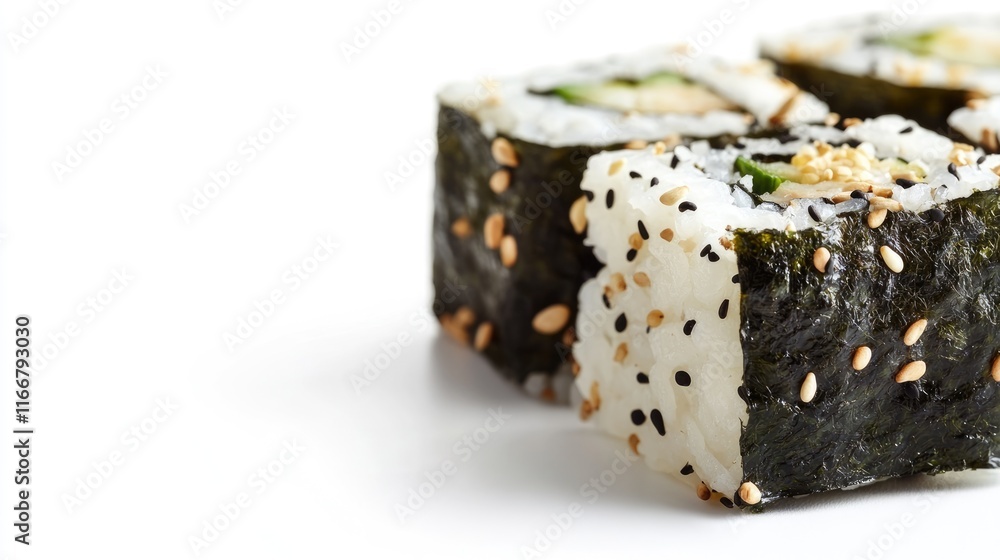 Delicious sushi rolls with sesame seeds on a white background showcasing traditional Far East cuisine and culinary artistry. Delicious sushi rolls with sesame seeds on a white background showcasing traditional Far East cuisine and culinary artistry.