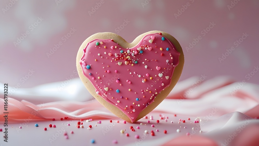 Fototapeta premium Heart-Shaped Cookie with Pink Icing and Sprinkles on Pink Background 