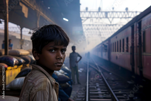 Against the backdrop of a bustling railway station, an Indian boy deliberates between two train routes, his mind racing as he weighs the contrasting travel times and ticket prices photo