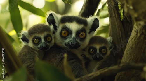 Ring-tailed lemur family with adorable pups nestled in lush green foliage showcasing their unique features and playful nature.