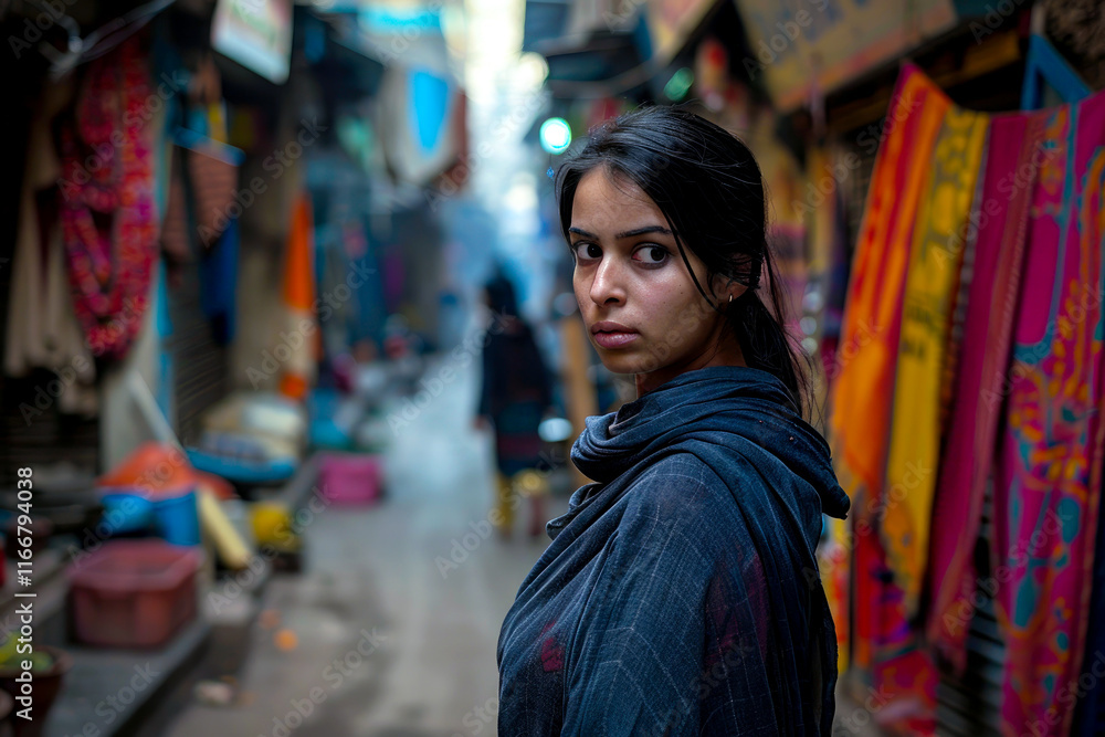 Against the backdrop of a bustling street, an Indian woman stands in confusion, unsure of which direction to take as she tries to navigate the maze of bustling alleys and crowded sidewalks Against the backdrop of a bustling street, an Indian woman stands in confusion, unsure of which direction to take as she tries to navigate the maze of bustling alleys and crowded sidewalks