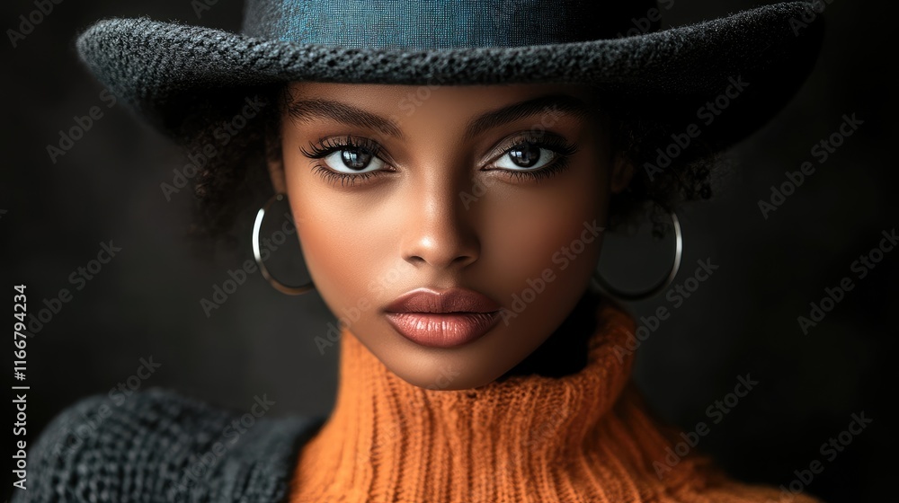 Fashion Model Displaying Newsboy Hat with Stylish Sweater Under Dramatic Lighting Fashion Model Displaying Newsboy Hat with Stylish Sweater Under Dramatic Lighting