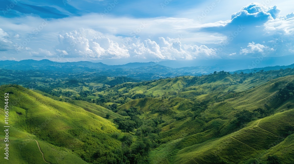 Fototapeta premium Vibrant landscape showcasing lush green hills under a dramatic blue sky with fluffy white clouds in a serene natural setting