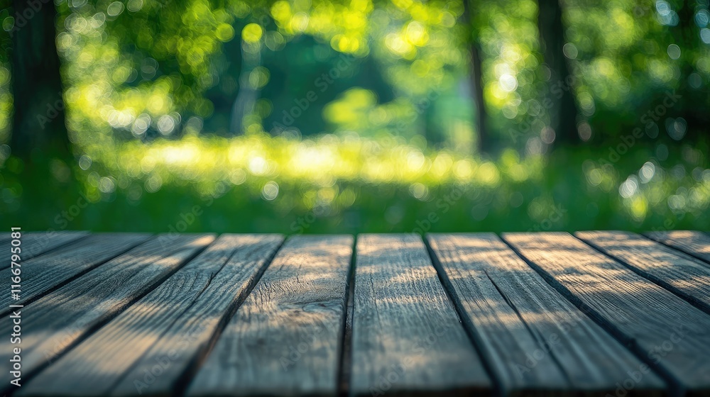 Natural Wooden Table with Blurred Green Background for Product Display Mockups Natural Wooden Table with Blurred Green Background for Product Display Mockups
