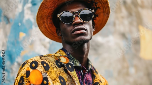 Stylish Individual in Bold Patterns and Hat at Outdoor Music Festival photo