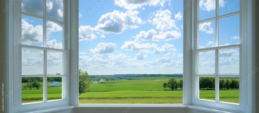 Scenic rural landscape view from white wooden windows highlighting blue skies and green fields embodying summer tranquility and freedom. Scenic rural landscape view from white wooden windows highlighting blue skies and green fields embodying summer tranquility and freedom.