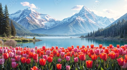 Fototapeta Naklejka Na Ścianę i Meble -  Beautiful tulips flower field blossom beside beautiful lake and snowy mountain, spring morning light nature landscape,