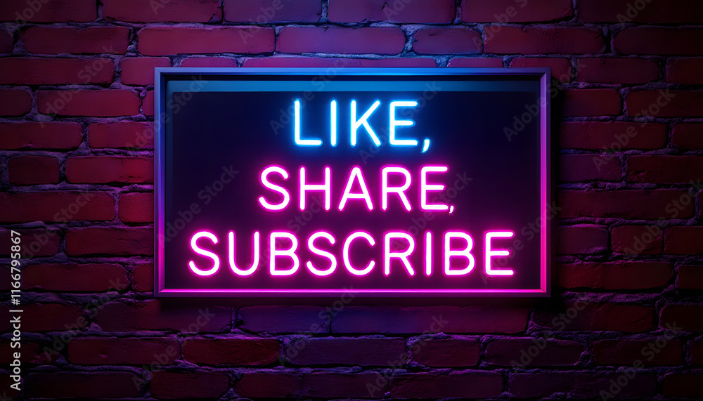 Obraz premium Like Share Subscribe Neon Sign on Brick Wall, Social Media Engagement, Neon Like Share Subscribe Graphic, YouTube and Social Media Promotion, Neon Sign for Engagement